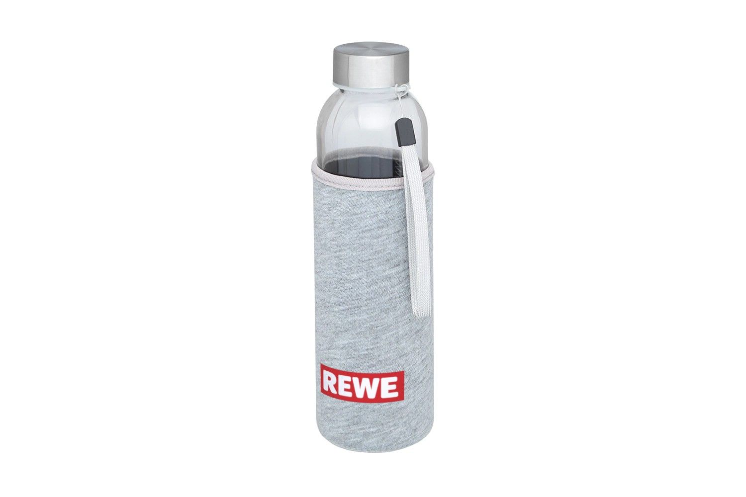 Glasflasche Bodhi 500 ml mit Neoprenhülle grau REWE Logo